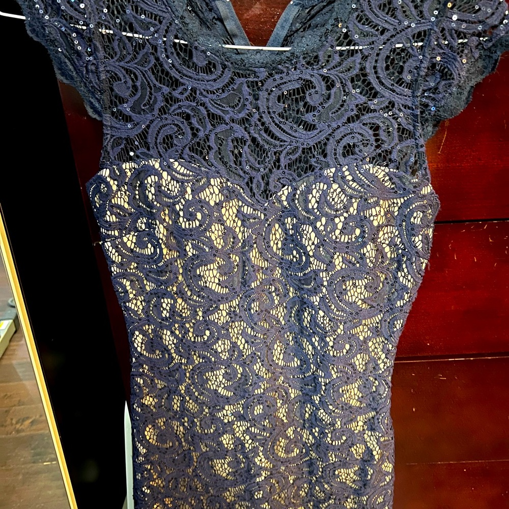 Navy Blue Lace over Nude Dress